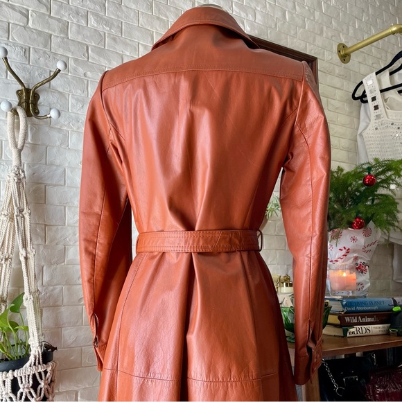 Vintage 1970s Split End Rust Orange 100% Leather Long Belted Trench Coat - Picture 9 of 17